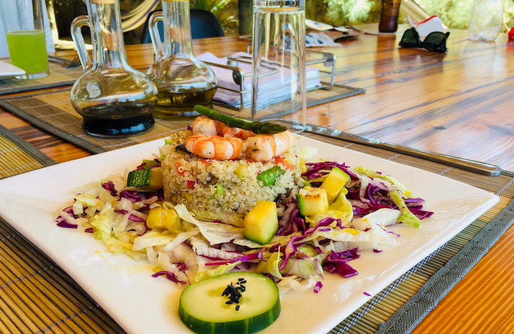 Quinoa shrimps salad for lunch at Surf Racer Camp Peru